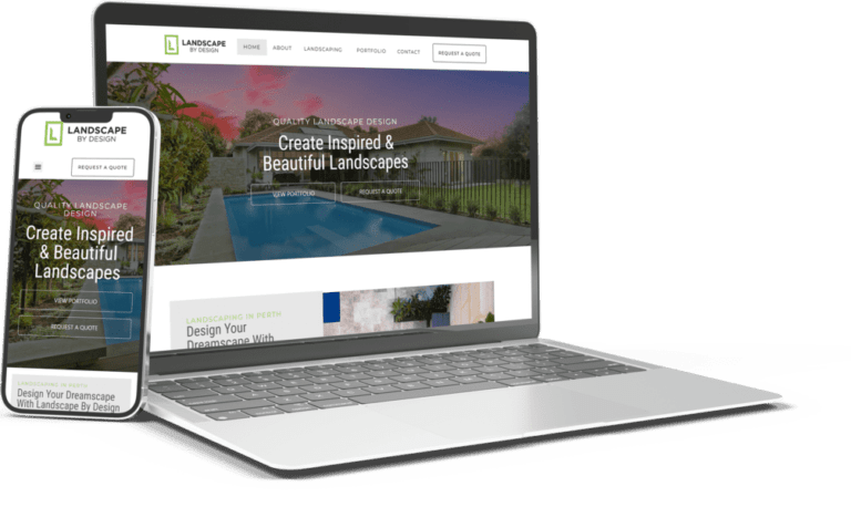 Landscaping website shown on laptop and phone
