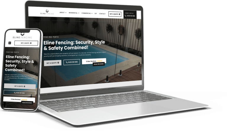 Eline Fencing website shown on laptop and phone