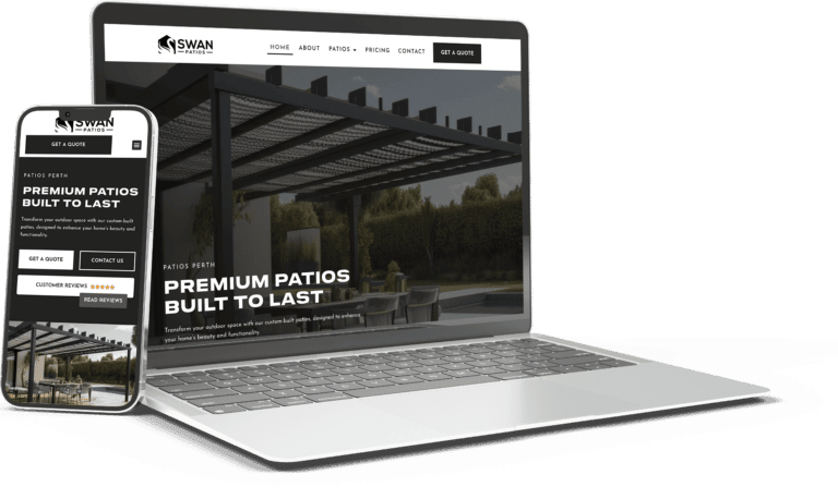 Swan Patios website shown on laptop and phone